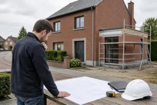 Maison wallonne en briques avec une extension en préparation, des plans architecturaux et un dossier administratif au premier plan.
